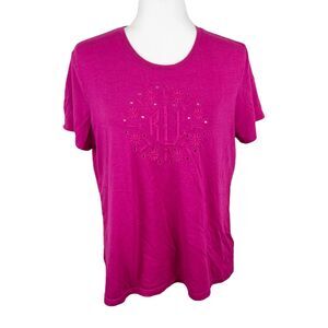 Lauren Ralph Lauren Shirt Women Large Pink Short Sleeve Eyelet Floral Embroidery